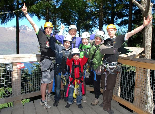 Thumbs up for Eco fun for the entire family - from left to right: (Back row) Ziptrek guide Tom Rhodes, Andy Serkis, Ziptrek guide Phill Abbey (Middle row) Louis Ashbourne-Serkis, Sonny Ashbourne-Serkis, Lorraine Ashbourne (Front) Ruby Ashbourne-Serkis